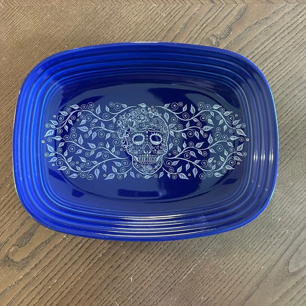 Fiesta Skull and Vine Twilight Blue Rectangular Platter 12 Inch Serving Tray